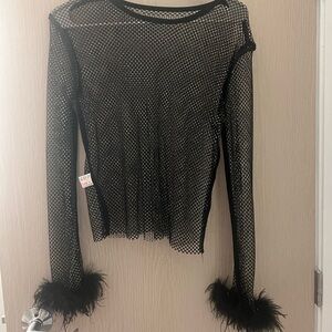 Mesh Bejewled Shirt with Fur Cuffs